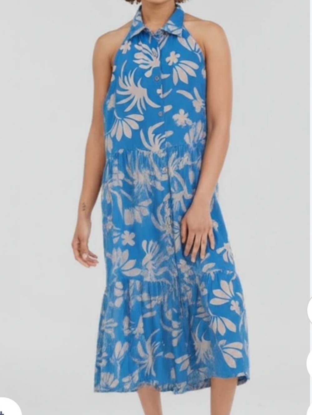 Nicole Miller Linen Blend Button Front Tiered Floral Summer Midi Dress Sz Medium
